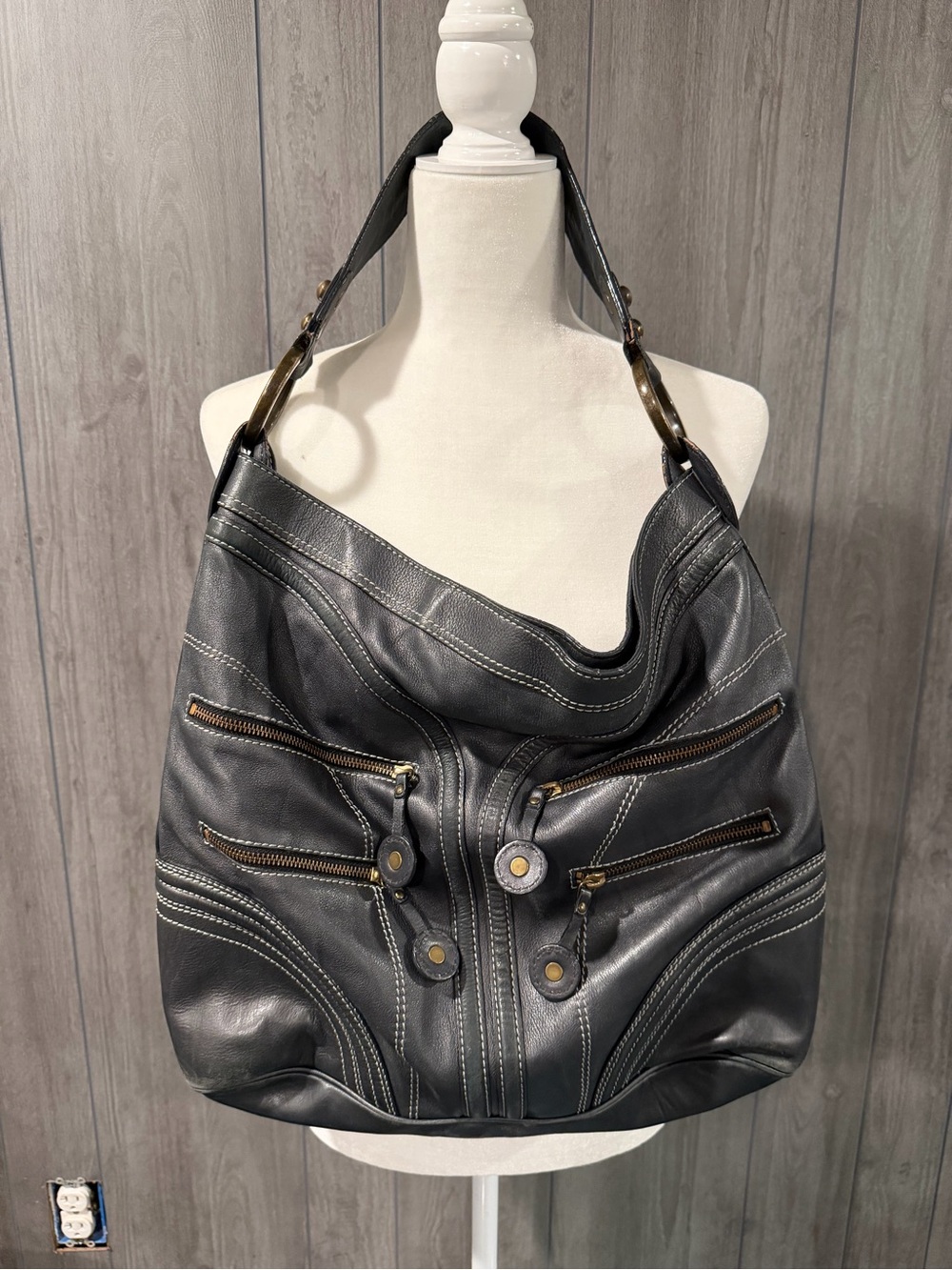 Isabella fiore navy Leather Hobo Bag with Contrast Stitching